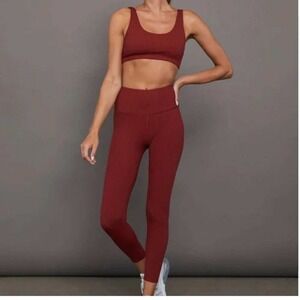 Carbon38 Ribbed High Waisted Leggings Burgundy Wine XS Made in USA Activewear